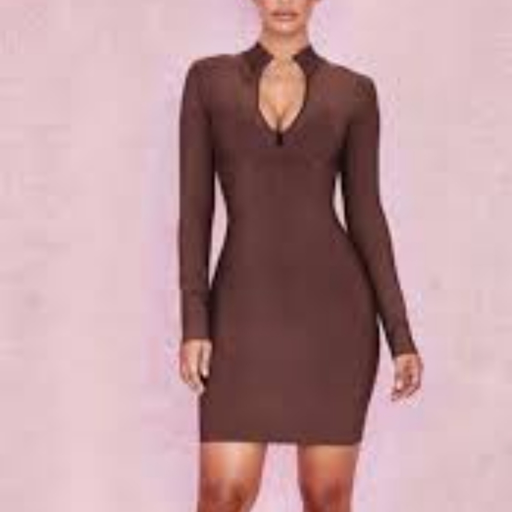 House of CB Marron Long Sleeve Bodycon Pencil Dress Smooth Spandex Size Large